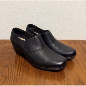 Clarks Emslie Craft Black Leather Womens Size 9 Comfort Heels Slip On, EU 40 NEW